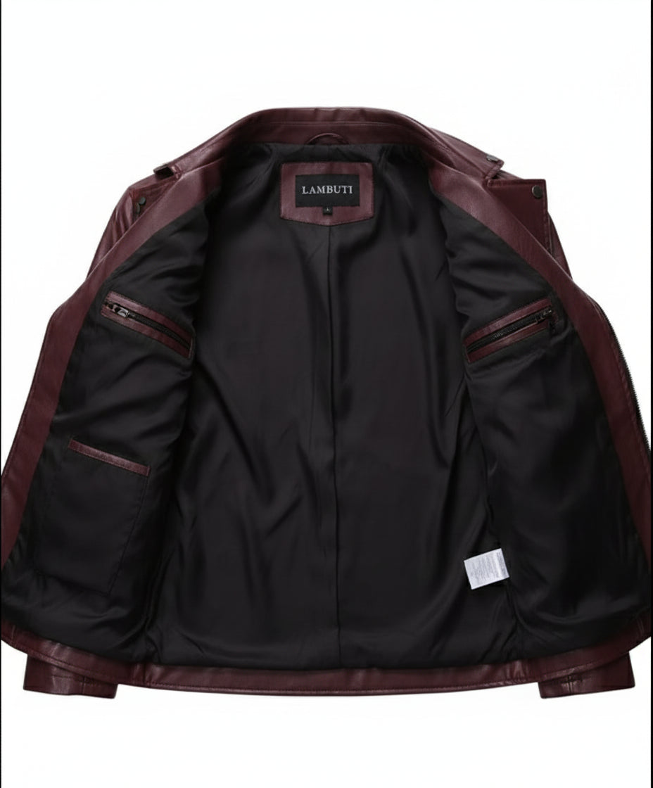 close-up-lining - Mens Maroon biker leather jacket Jacket, maroon leather jacket for men