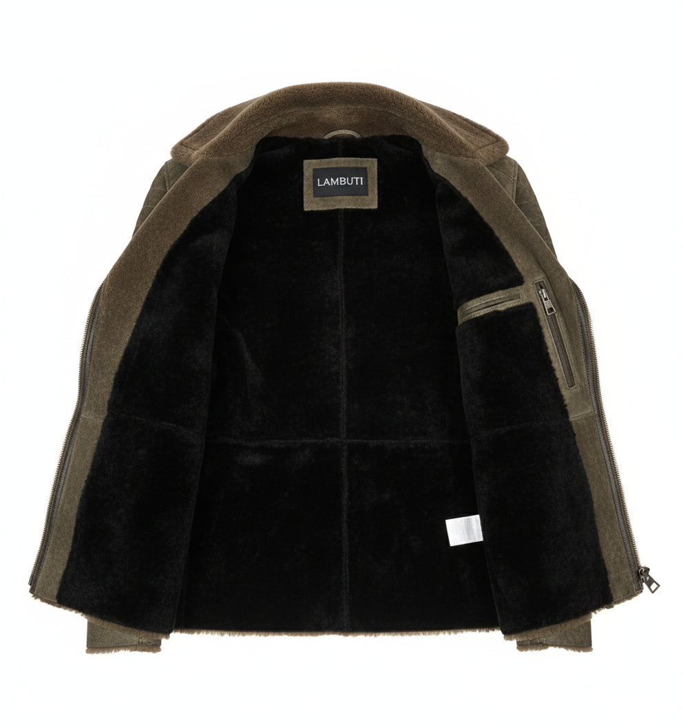 close-up-lining - Men's Olive Green Shearling Moto Jacket, Distressed Lambskin Leather Motorcycle Jacket, Olive Shearling Collar Biker Jacket