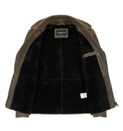 close-up-lining - Men's Olive Green Shearling Moto Jacket, Distressed Lambskin Leather Motorcycle Jacket, Olive Shearling Collar Biker Jacket
