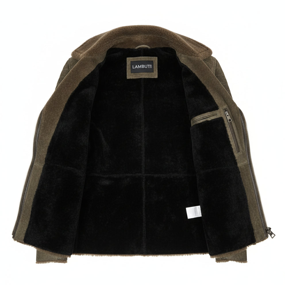 close-up-lining - Men's Olive Green Shearling Moto Jacket, Distressed Lambskin Leather Motorcycle Jacket, Olive Shearling Collar Biker Jacket