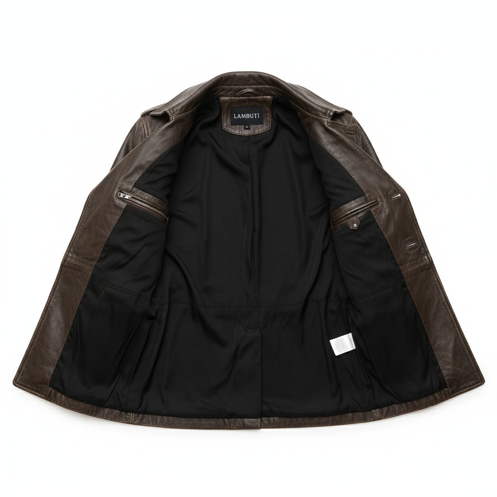 close-up-lining - Men's Pea Coat Leather Jacket, Leather Pea Coat, Leather Outerwear, Men's Leather Jacket