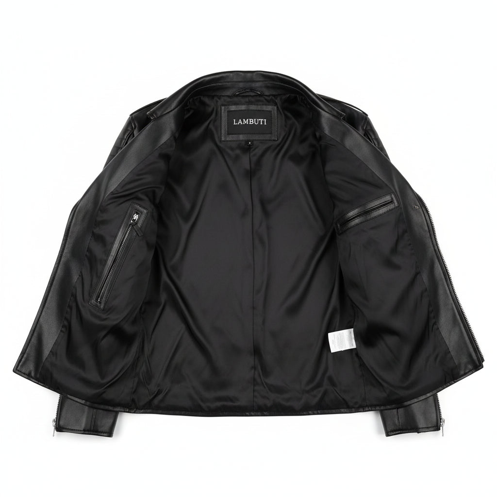 close-up-lining - Men's Punk Rock Black Leather Jacket with Studs