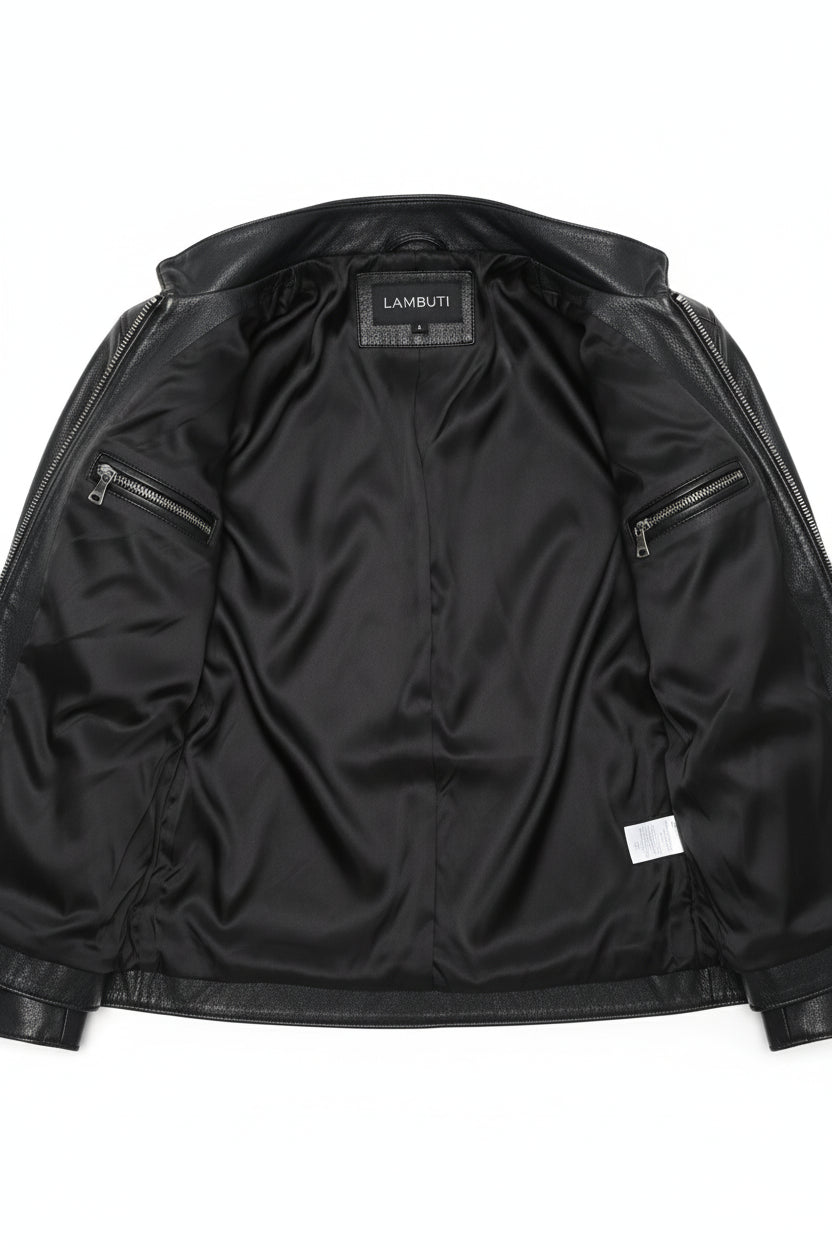 close-up-lining - Men's Racer Leather Jacket, Black Leather Jacket, Cafe Racer Jacket, Slim Fit Biker Jacket