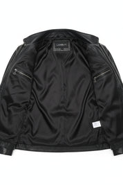 close-up-lining - Men's Racer Leather Jacket, Black Leather Jacket, Cafe Racer Jacket, Slim Fit Biker Jacket