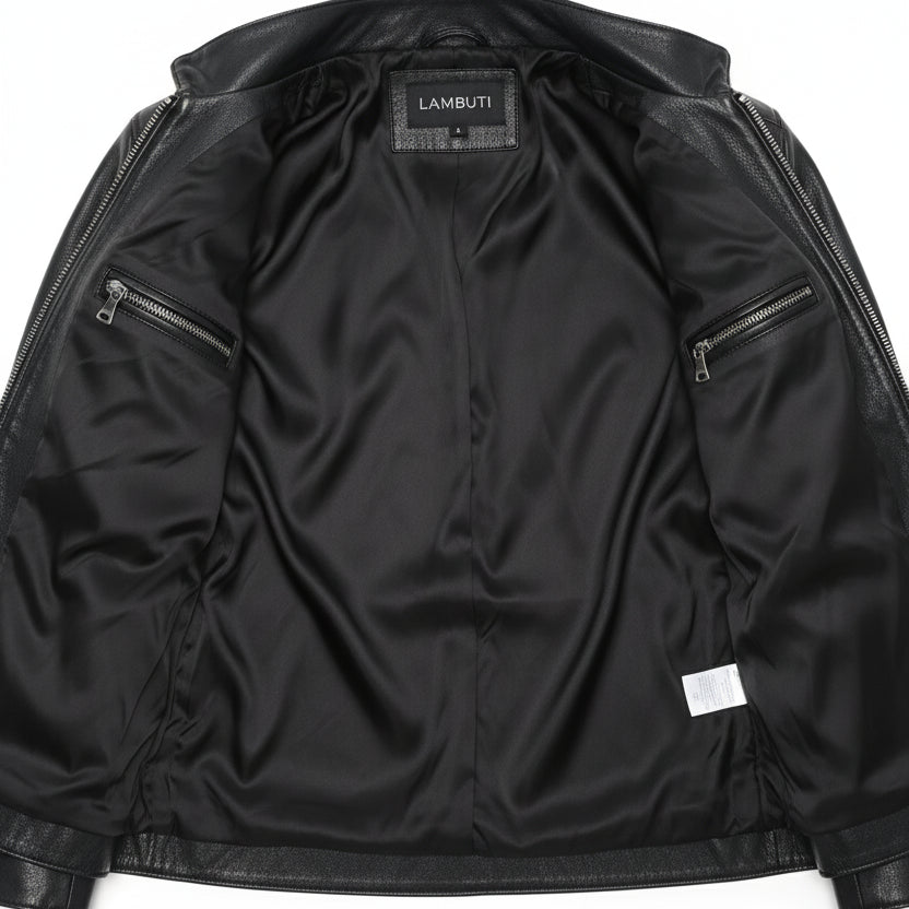 close-up-lining - Men's Racer Leather Jacket, Black Leather Jacket, Cafe Racer Jacket, Slim Fit Biker Jacket