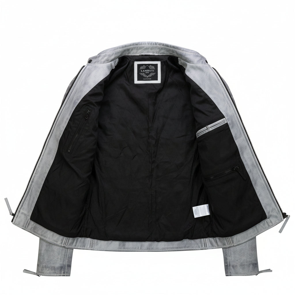 close-up-lining - Mens Real Leather Antique Wash Retro Vintage Style Biker Jacket Slim fit