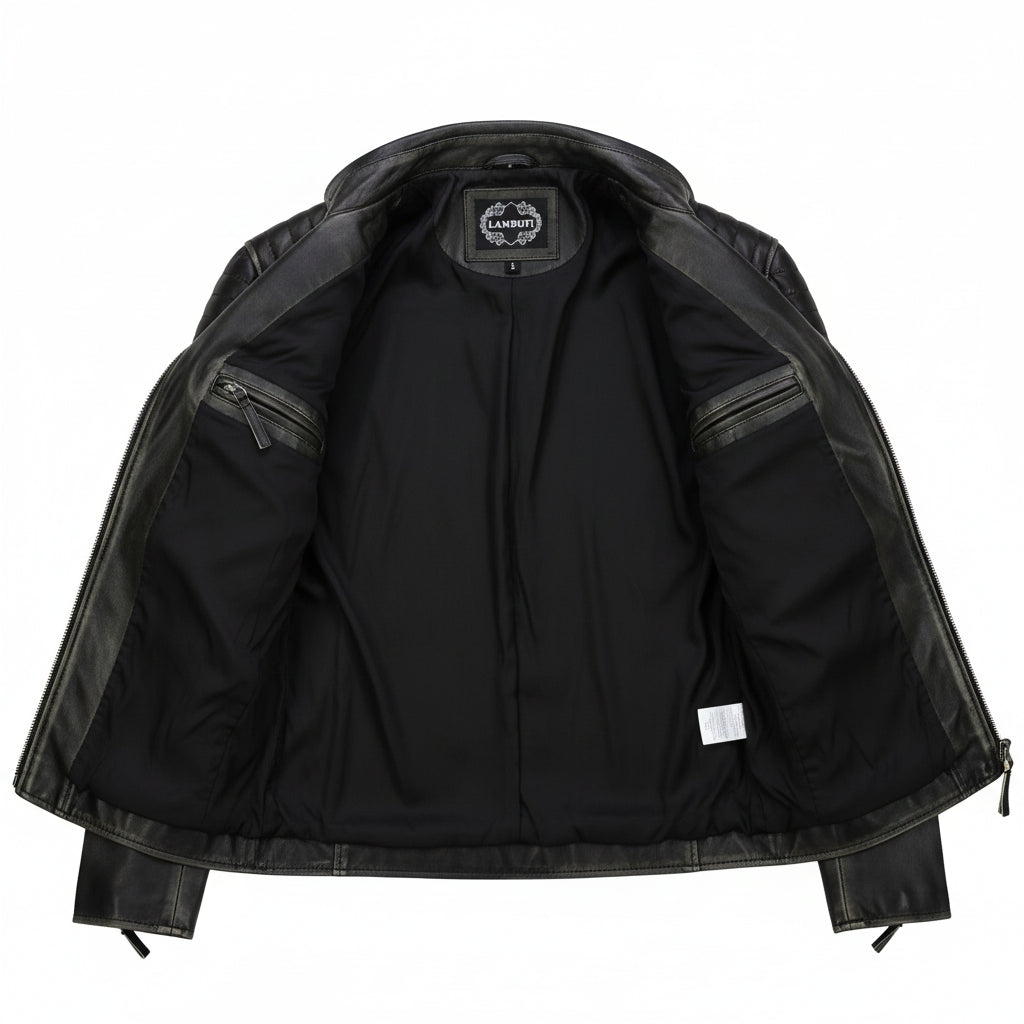 close-up-lining - Mens Real Leather black Retro Vintage Style Biker Jacket, Slim fit jacket