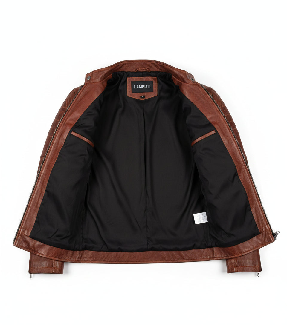 close-up-lining - Mens Retro Cafe Racer Biker Distressed Browm Motorcycle Leather Jacket