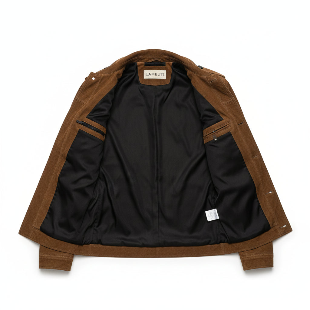 close-up-lining - Men's Safari Jacket, Suede Leather Jacket, Men's Field Jacket, Cognac Brown Suede Jacket