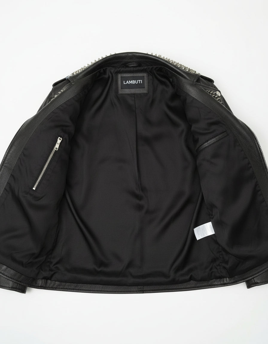 close-up-lining - Men's Skull Studded Black Leather Jacket