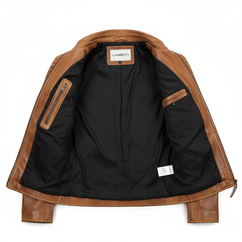 close-up-lining - Men's Slim Fit Antique Washed Brown Leather Biker Jacket, Men's Retro Zip Leather Jacket in Brown