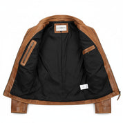 close-up-lining - Men's Slim Fit Antique Washed Brown Leather Biker Jacket, Men's Retro Zip Leather Jacket in Brown