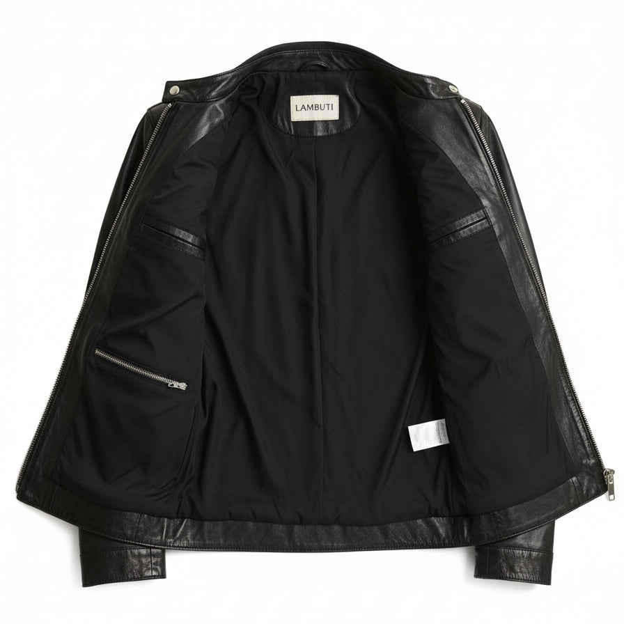 close-up-lining - Men's Slim Fit Biker Leather Jacket, Stylish Cowhide Leather Jacket for Men