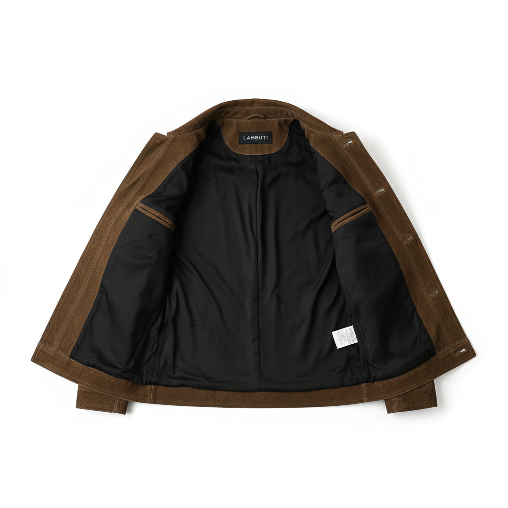 close-up-lining - Men's Suede Jacket, Brown Suede Shirt Jacket, Suede Workwear Jacket, Button-Front Suede Jacket