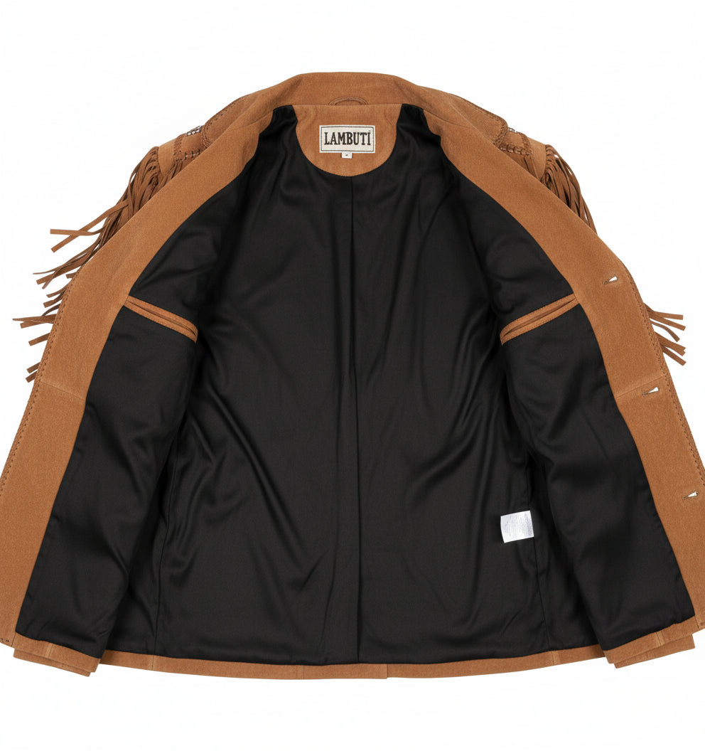 close-up-lining - Men's Tan Brown Fringed Suede Leather Cowboy Jacket