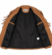 close-up-lining - Men's Tan Brown Fringed Suede Leather Cowboy Jacket