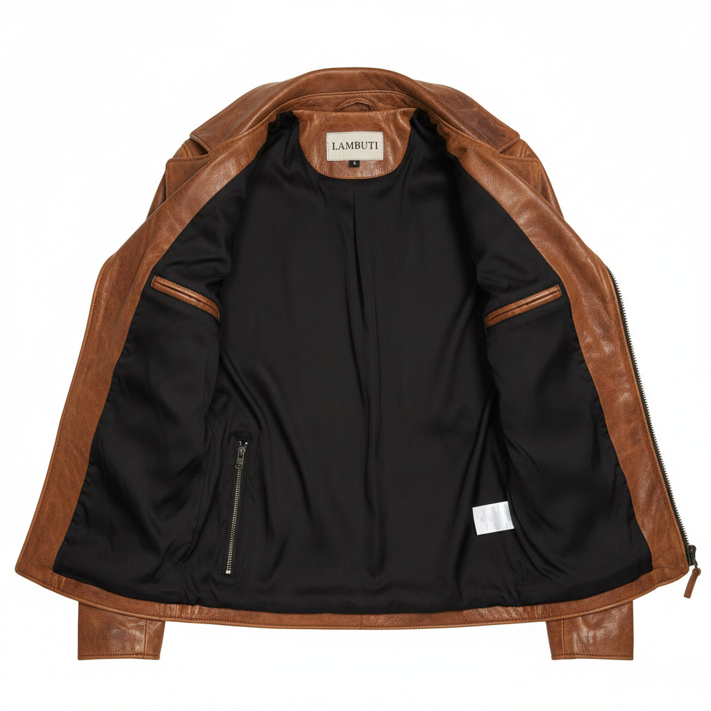 close-up-lining - Men's Tan brown Leather Brando Jacket, Genuine Brown leather Biker Jacket
