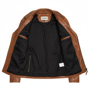 close-up-lining - Men's Tan brown Leather Brando Jacket, Genuine Brown leather Biker Jacket