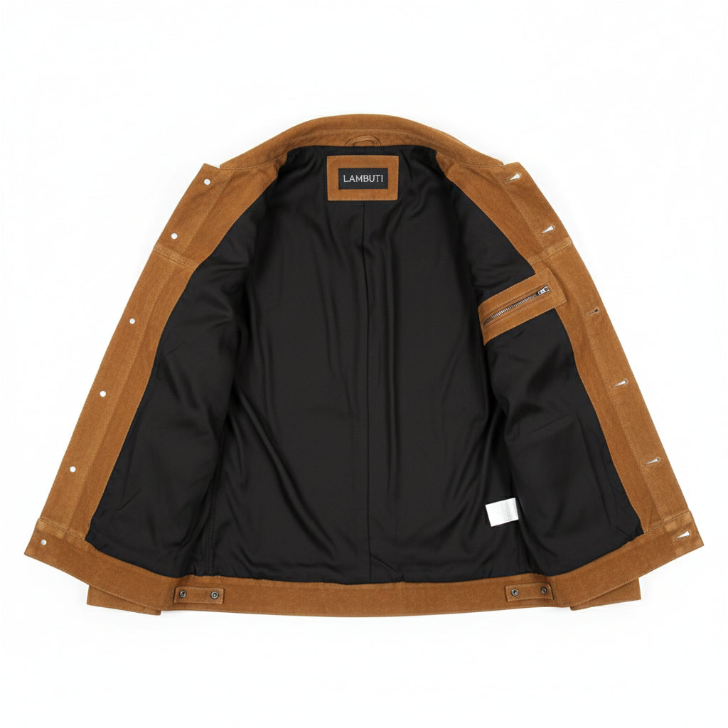 close-up-lining - Men's Tan Brown Suede Trucker Jacket