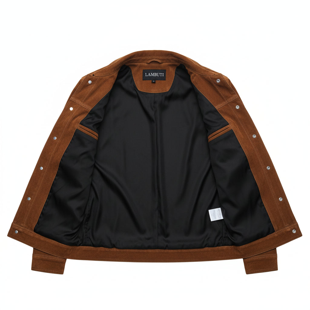 close-up-lining - Men's Trucker Suede Jacket, Brown Suede Jacket, Casual Men's Jacket, Button Front Suede Jacket