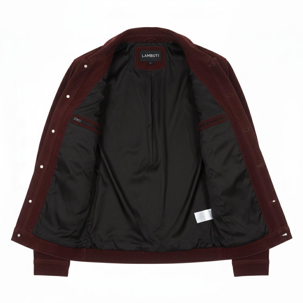 close-up-lining - Men's Trucker Suede Jacket, Suede Jacket for Men, Burgundy Suede Trucker Jacket