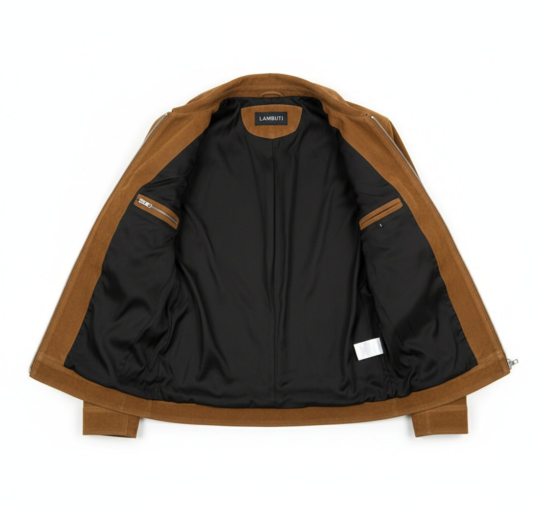 close-up-lining - Men's Trucker Suede Jacket, Suede Jacket for Men, Classic Suede Trucker Jacket, Medium Brown Suede Jacket
