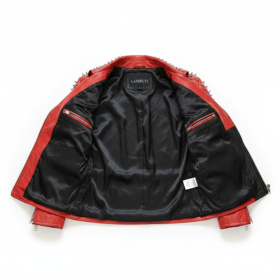 close-up-lining - Mens Two tone Brando Studded Punk Rock Spikes Motorcycle Biker jacket