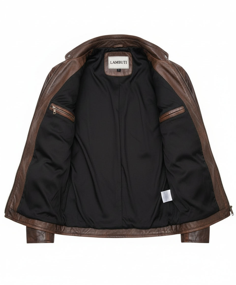close-up-lining - Men's Vintage Brown Leather Biker Jacket