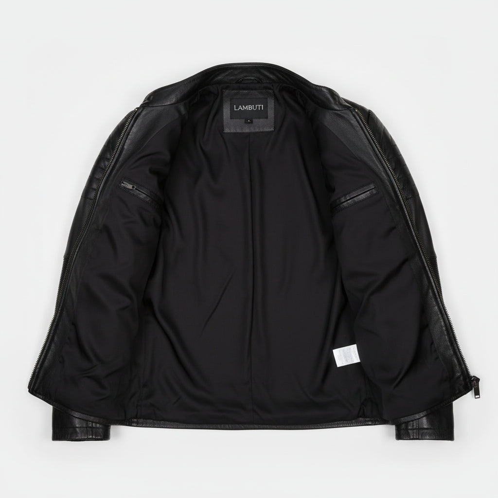 close-up-lining - New Black biker leather jacket, Men black bober leather jacket, men jackets