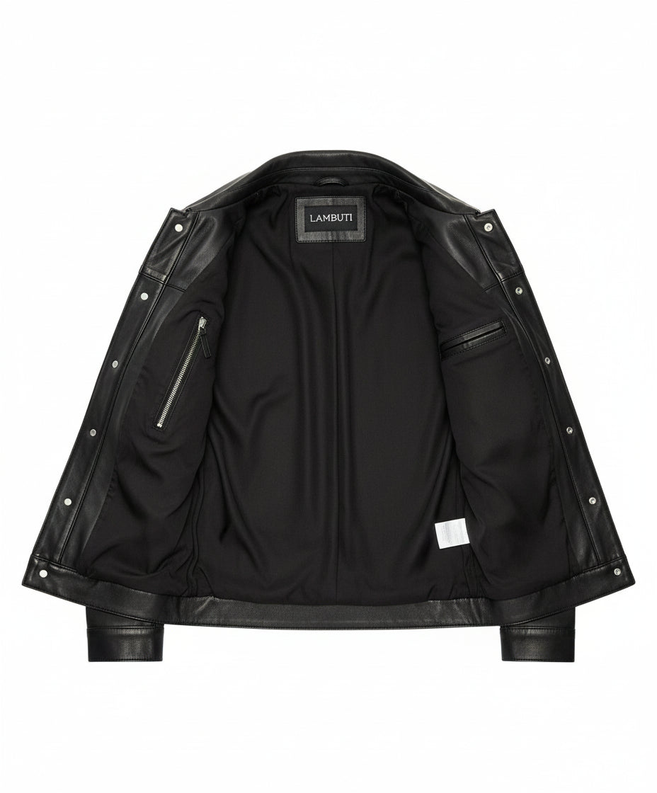 close-up-lining - New Men Black Leather Biker Jackets, Real Leather Button Closure Jackets