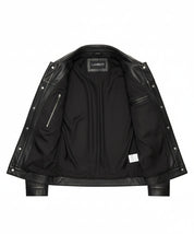close-up-lining - New Men Black Leather Biker Jackets, Real Leather Button Closure Jackets