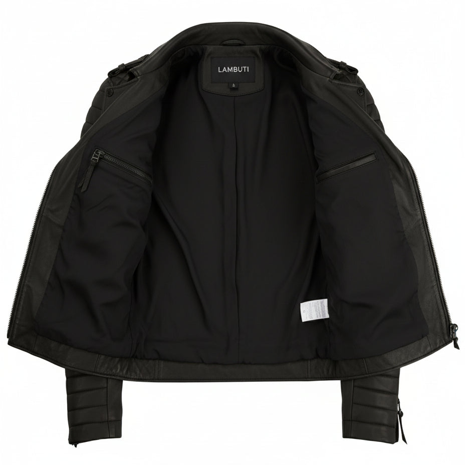 close-up-lining - New Men Fashion Trend Black Motorcycle Leather Jacket, Biker Fashion