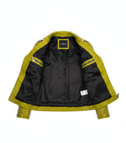 close-up-lining - New Punk green Brando Studded Spikes Rock Moto biker Leather Jacket