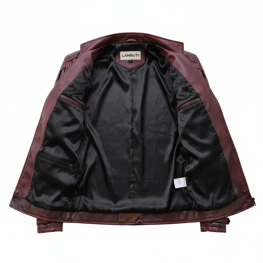 close-up-lining - New Racers Cafe Club WEXED Burgundy Leather Slim Fit Biker Fashion Jacket