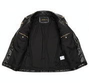 close-up-lining - New Woman Black Full Golden Spiked Studded Brando Style Leather Jacket