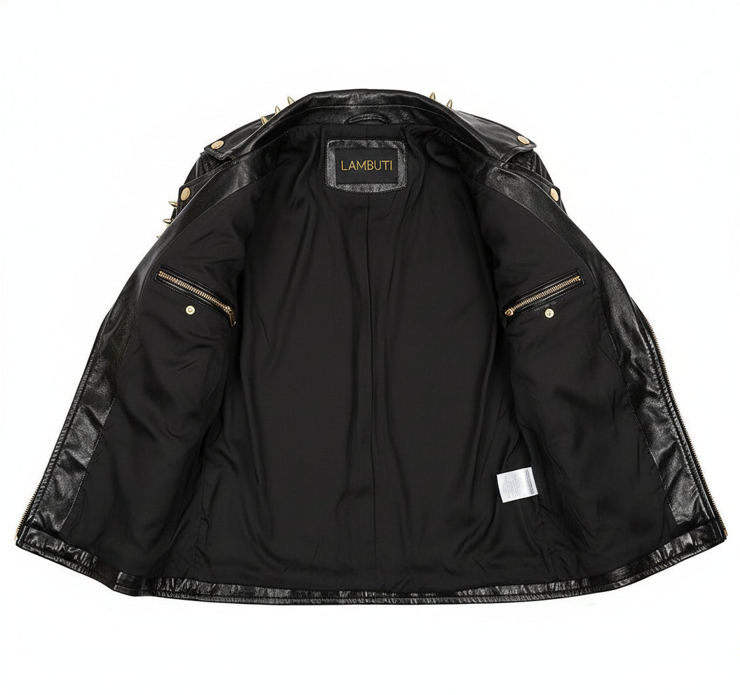 close-up-lining - New Woman Black Full Golden Spiked Studded Brando Style Leather Jacket
