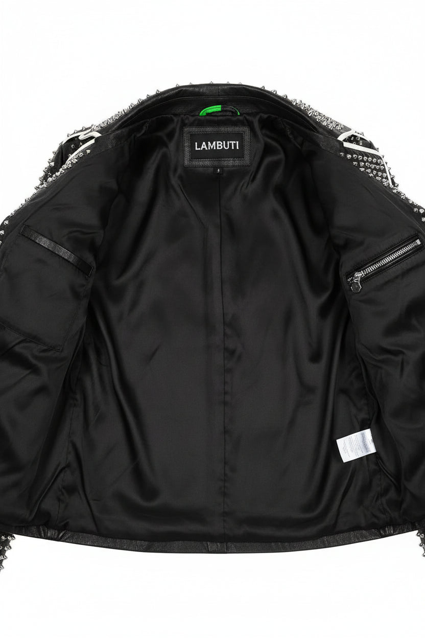 close-up-lining - Punk green Brando Studded Spikes Rock Moto biker Leather Jacket