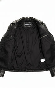 close-up-lining - Punk Handmade Women Black Leather Studded Moto Jacket, Rock Jacket