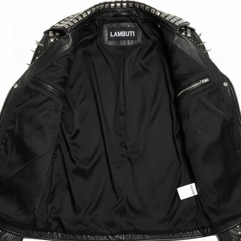 close-up-lining - Punk Handmade Women Black Leather Studded Moto Jacket, Rock Jacket