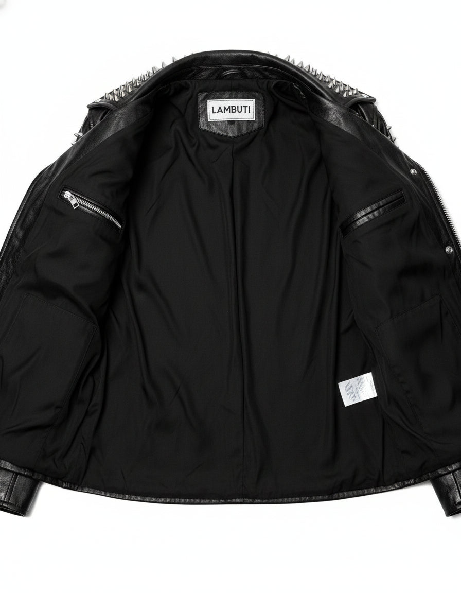 close-up-lining - Punk Handmade Women Black Silver Spiked Studded Leather Biker Jacket