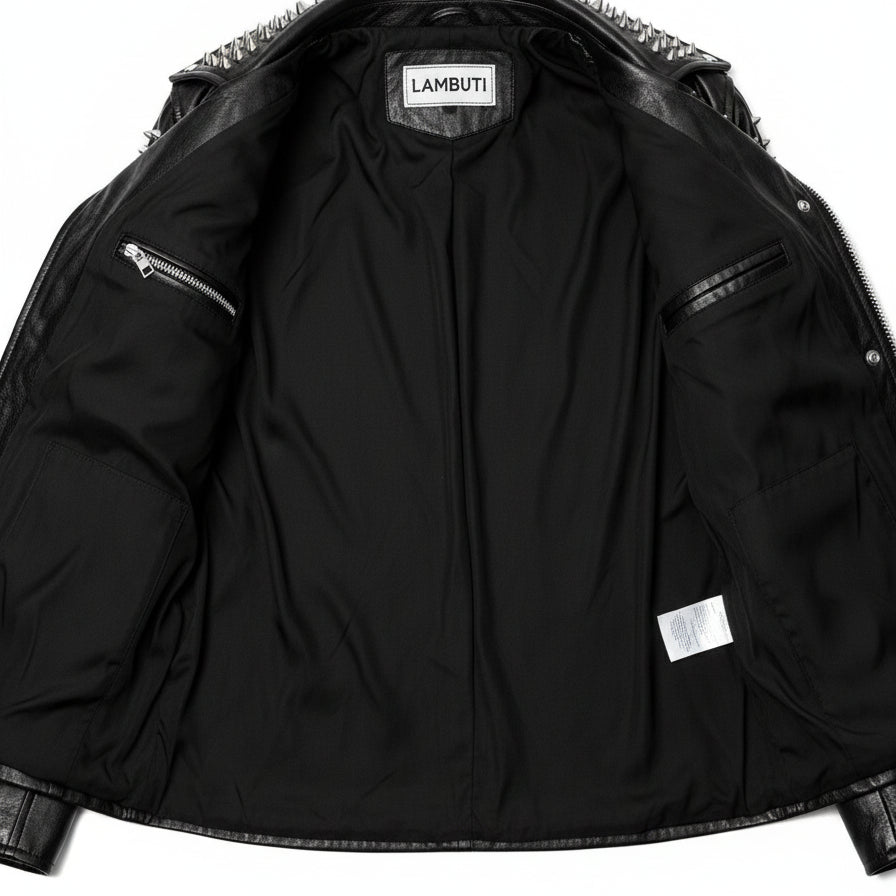 close-up-lining - Punk Handmade Women Black Silver Spiked Studded Leather Biker Jacket