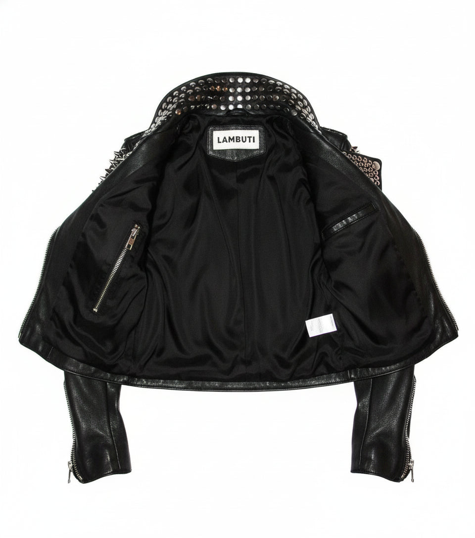 close-up-lining - Punk Men Black Leather Rock Style Studded Spiked Biker Moto Jacket for Mens