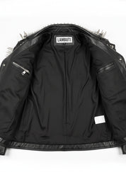 close-up-lining - Punk Men Black Multi Studded With Long Spike Style Biker Jacket