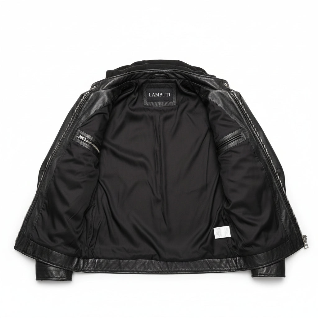 close-up-lining - Punk Men Hooded Leather Jacket Black Biker Leather Jacket Fashion Jacket