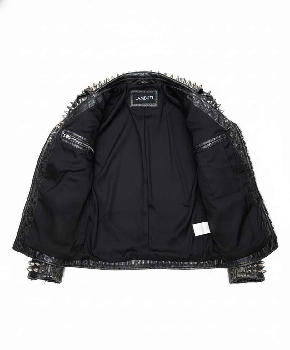 close-up-lining - Punk Men Silver Studded Custom Patches Long Spike Brando Belted Jacket