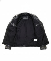 close-up-lining - Punk Men Silver Studded Custom Patches Long Spike Brando Belted Jacket