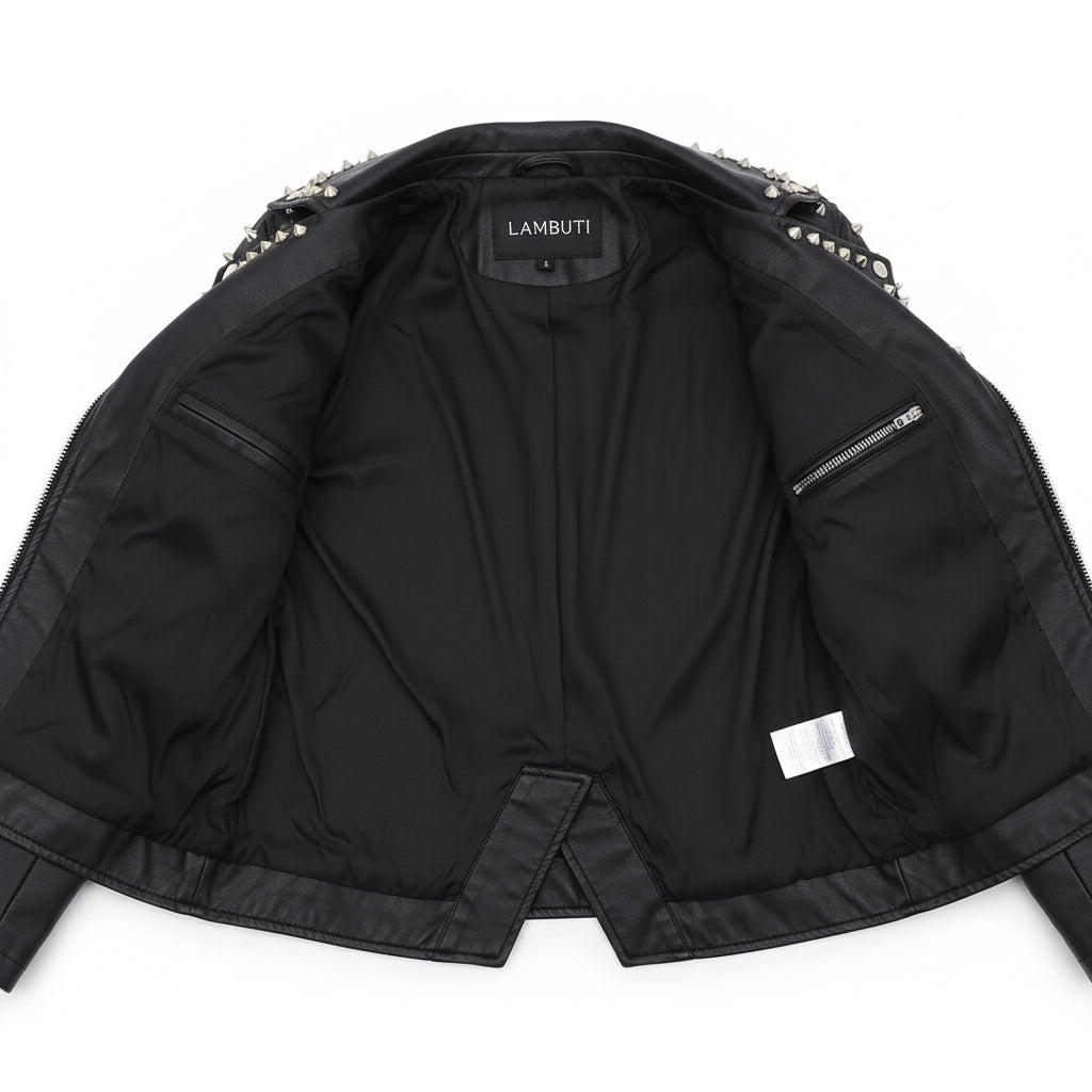 close-up-lining - Punk New Women Style Short Studded Leather Jacket, Fashion Jacket for Women
