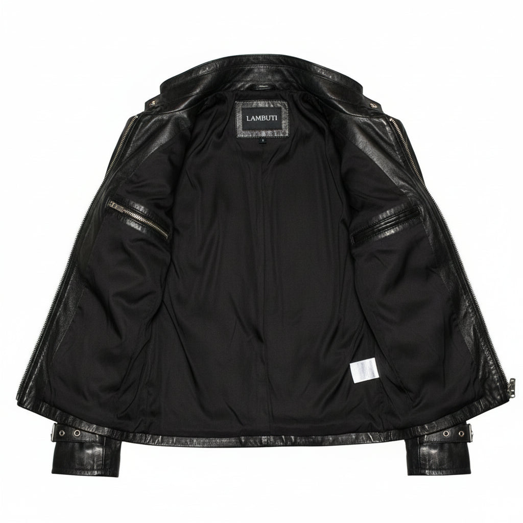 close-up-lining - Punk Women Black Leather Belted Jacket, Women Style Leather Jacket