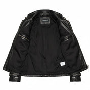 close-up-lining - Punk Women Black Leather Belted Jacket, Women Style Leather Jacket