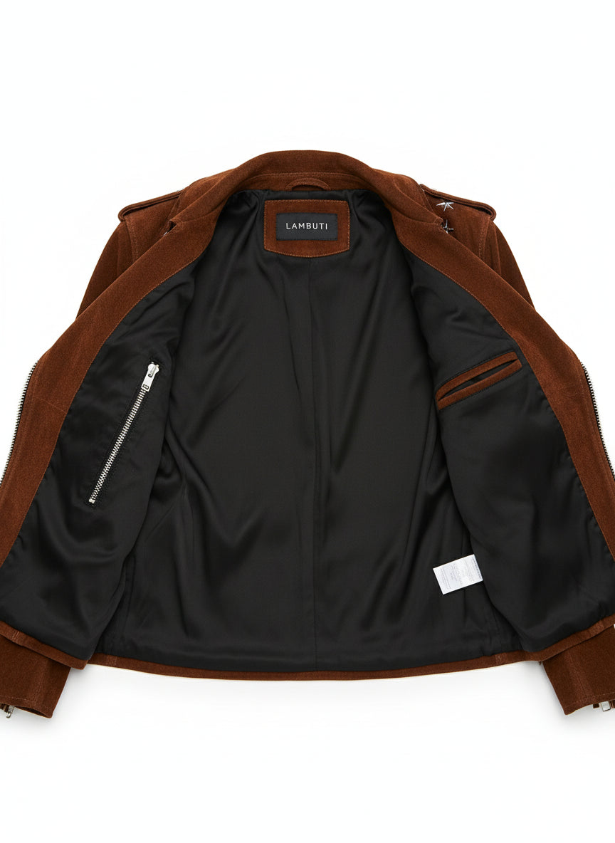 close-up-lining - Punk Women Brown Rock Style Studded Fringe Jacket, Biker Suede Jacket